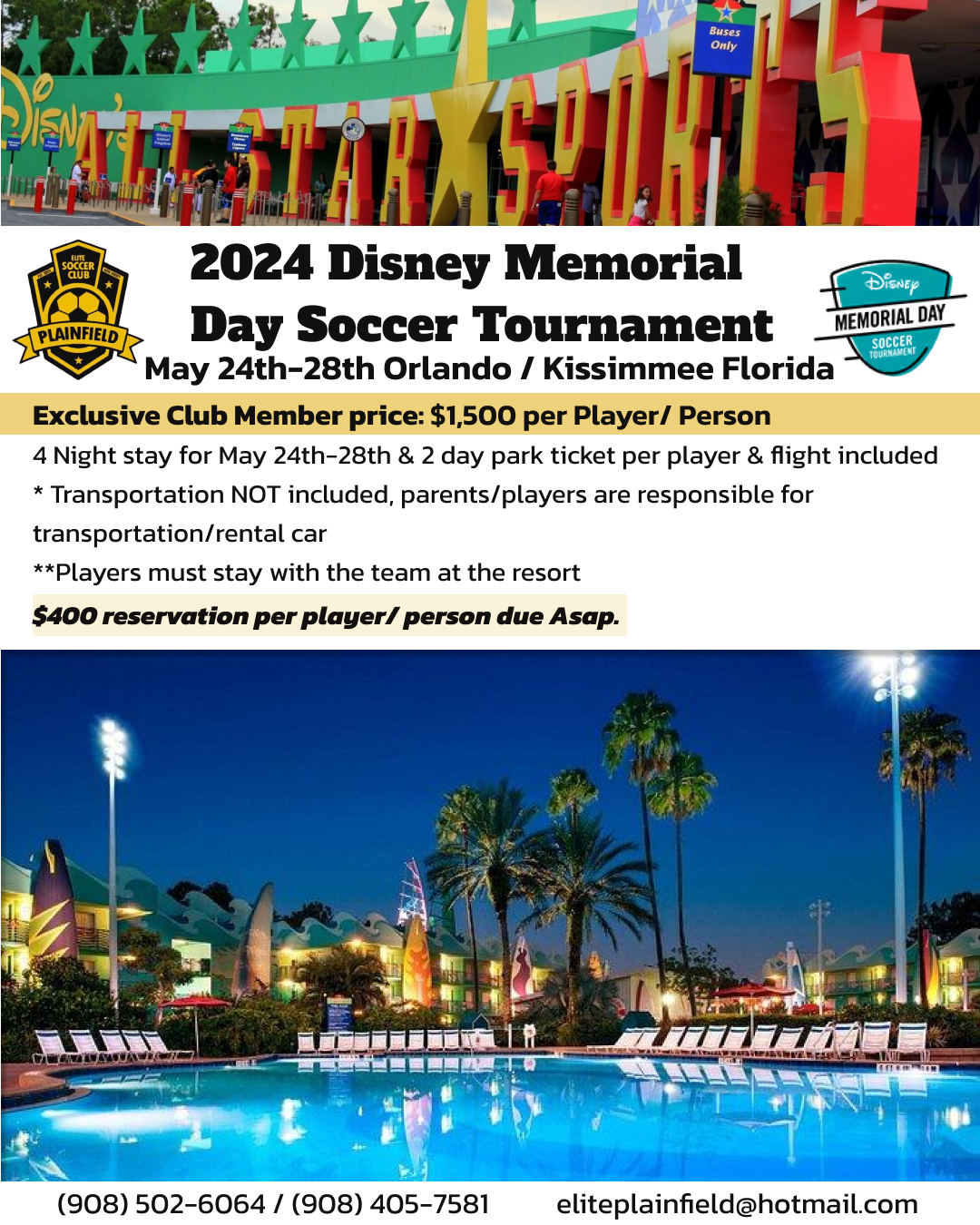 Poster designed for Elite Soccer Club Plainfield for a potential 2024 Disney Memorial Day Tournament trip deal.