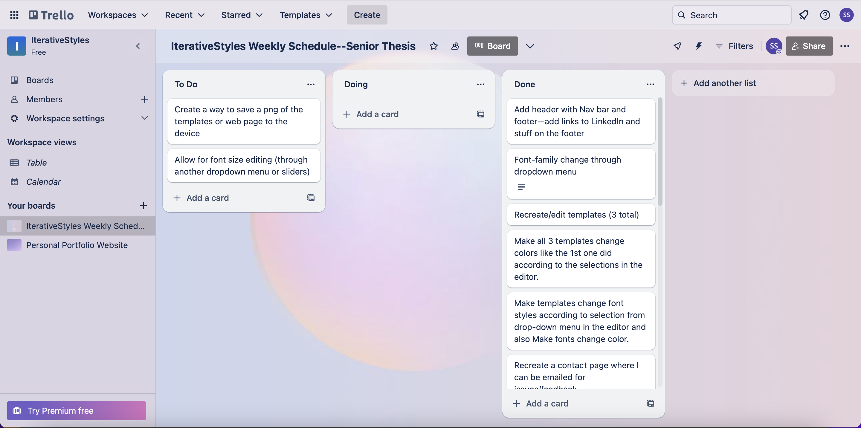 Image of the Trello board for IterativeStyles
