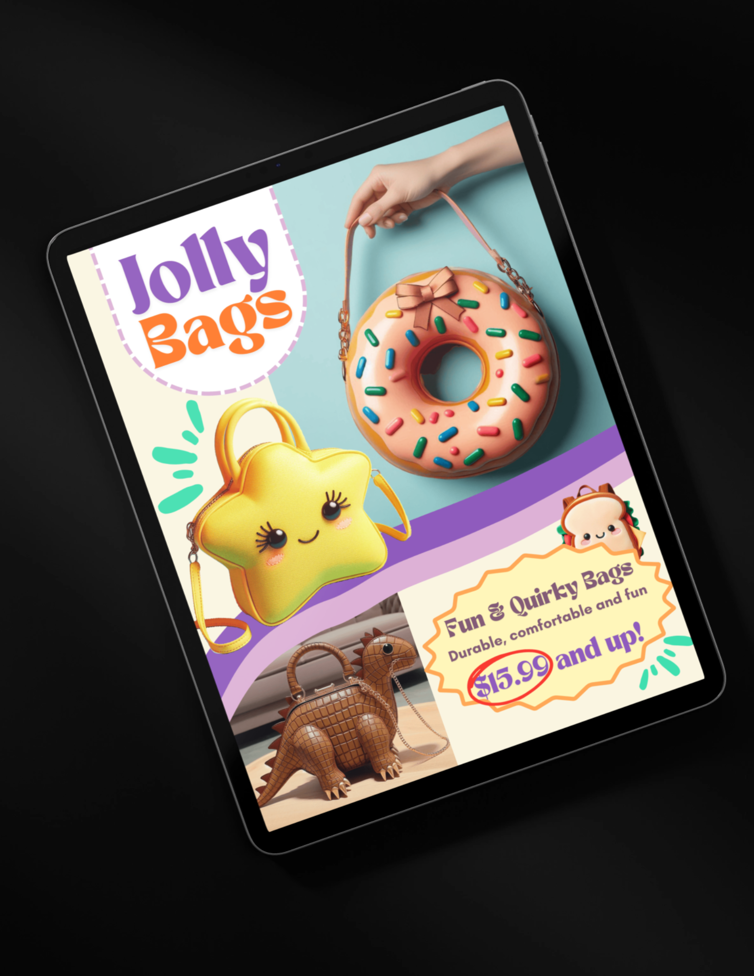 Dark ipad mockup of the Jolly Bags AD