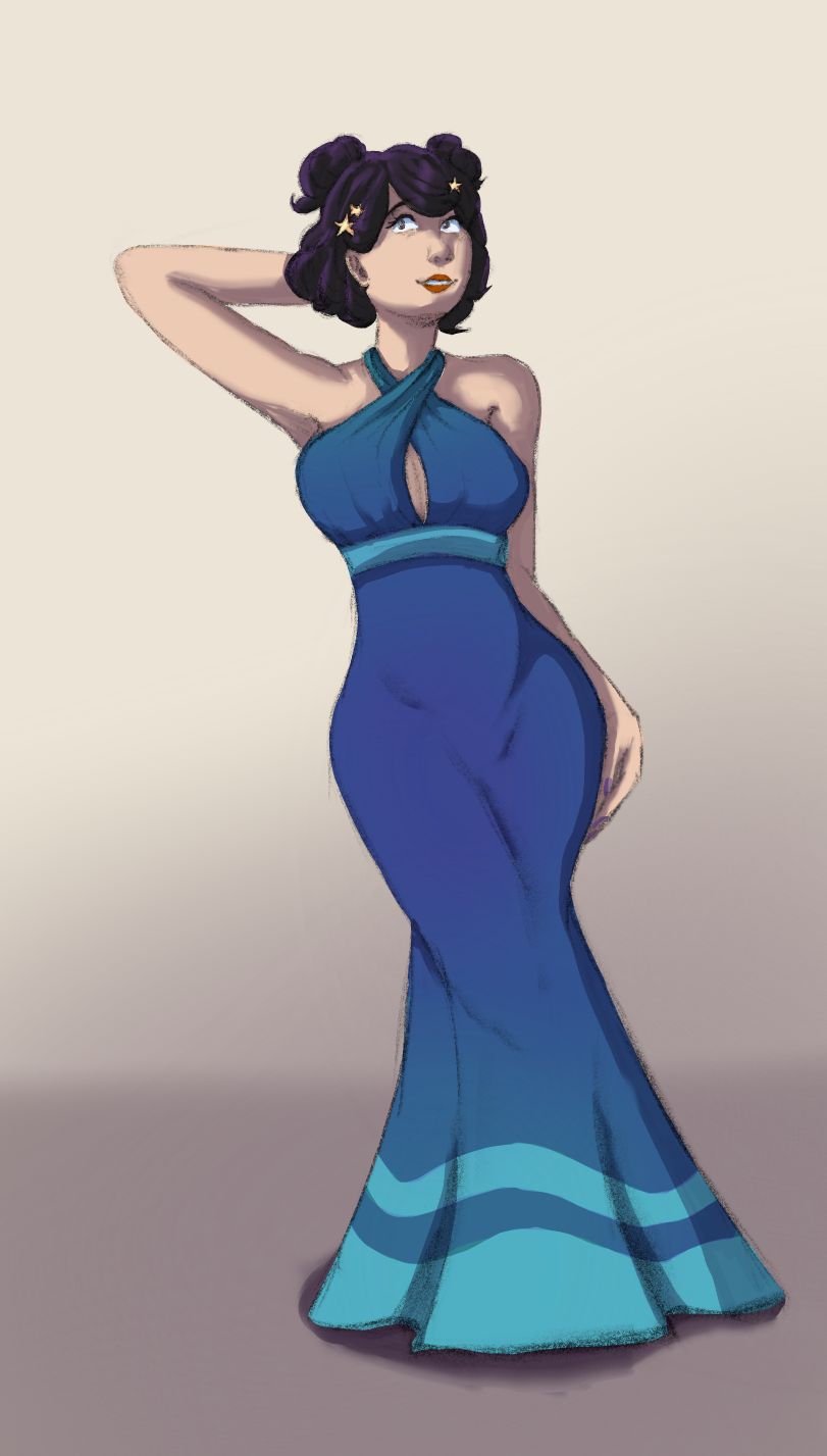 Digital illustration of a stylized woman in a blue two-toned mermaid style dress.
