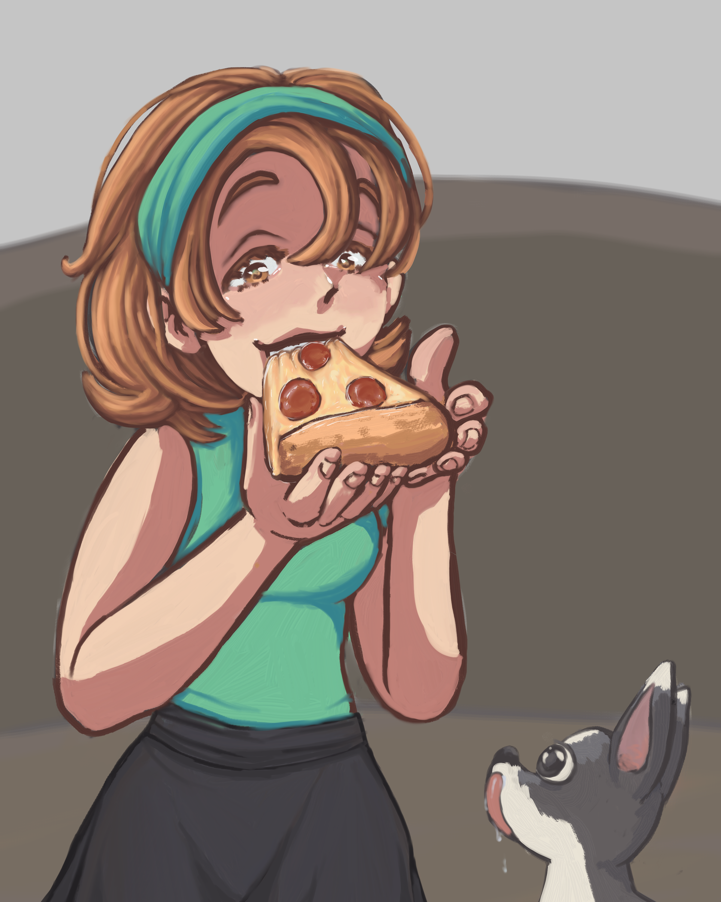 Digital cartoony illustration of a girl eating a slice of pepperoni pizza while her little chihuahua drools and stares.